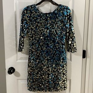 Great Condition! Blue & Silver 3/4 Sleeve Sequin Party Dress | Size M